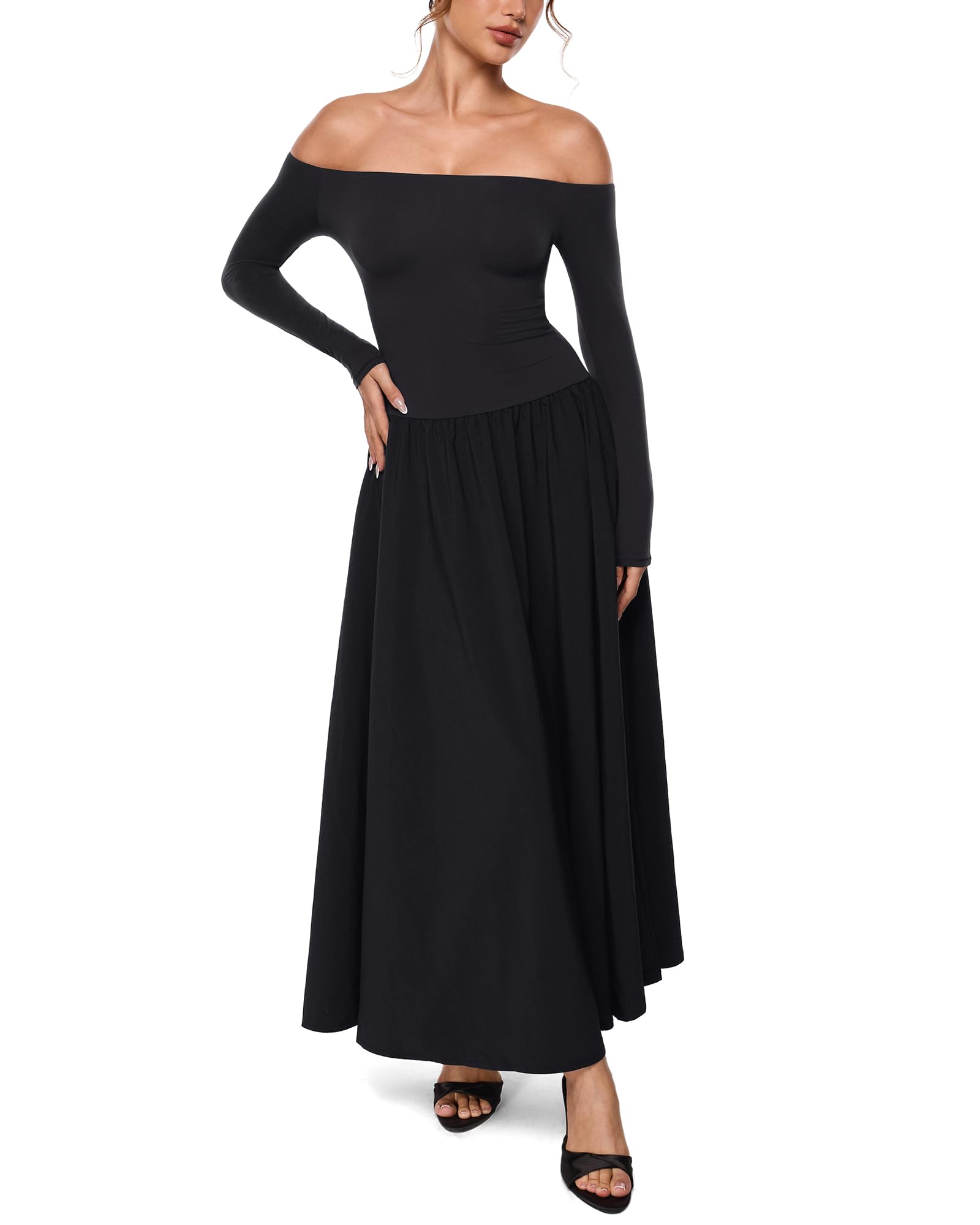 INLYRIC Women's Off The Shoulder Long Sleeve Maxi Dresses Elegant Formal Wedding Guest Cocktail Long Dresses
