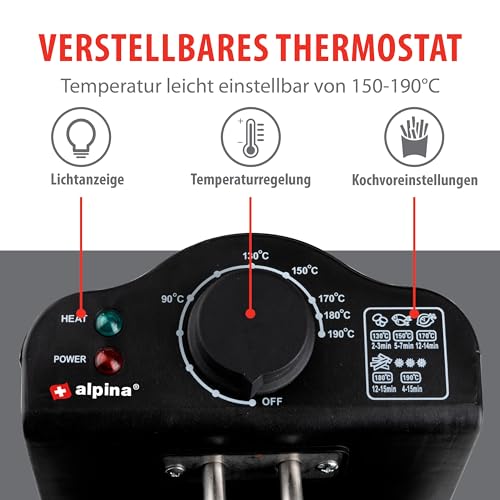 alpina Fritteuse - 3 Körbe - 5 Liter - 2000 Watt - Thermostat bis 190 °C - Anti-Heizung - Edelstahl – Bild 5