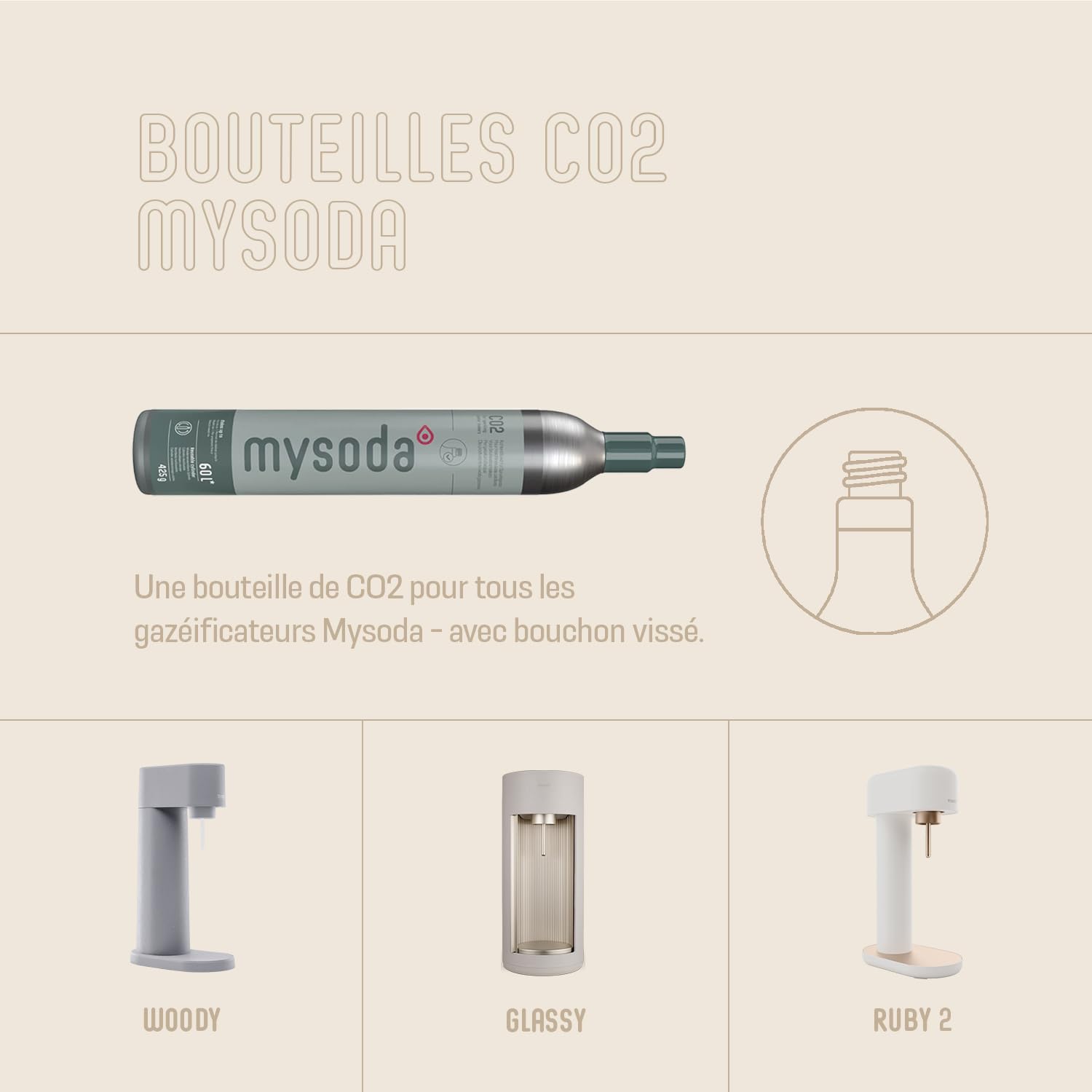 Mysoda Glassy - Machine à eau pétillante avec 1 bouteille en verre en un cylindre de CO2 – Clay