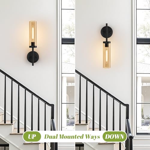 Image of MOKATNG Hardwired Wall Sconces Set of Two, Matte Black Bathroom Sconces with Amber Glass, Modern Wall Light Fixtures for Bathroom Mirror Vanity, Living Room, Hallway, Stairway, Cabinet, Foyer