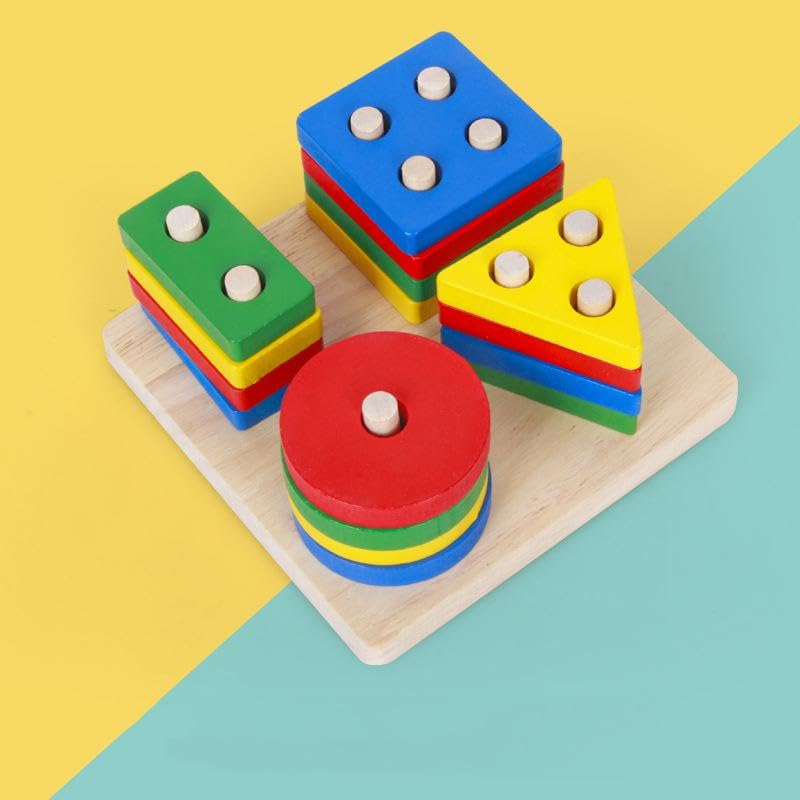 Image of PLUSPOINT Wooden 4 Angle Geometric Blocks Sorting & Stacking Educational Interactive Toys Building Blocks Stacker Shape Sorter Column Puzzle Toy Set for Kids Toddlers for 1 2 3 Year Old,4 Pcs