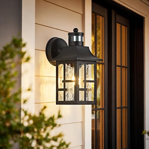 Image of OKELI Outdoor Wall Lights with Motion Sensor, Exterior Waterproof Lantern, Front Porch Sconce Lighting with Water Ripple Glass Shade, Anti-Rust Wall Lamps Outside Lights for Garage (Black-2pack)