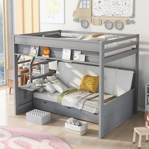 SOFTSEA Wood Bunk Bed Full Size with Staircase and Drawers for Storage Modern Floor Bunk Bed Frame with Bedside Table and Full-Length Guardrail Bedroom Furniture, No Box Spring Need, Gray