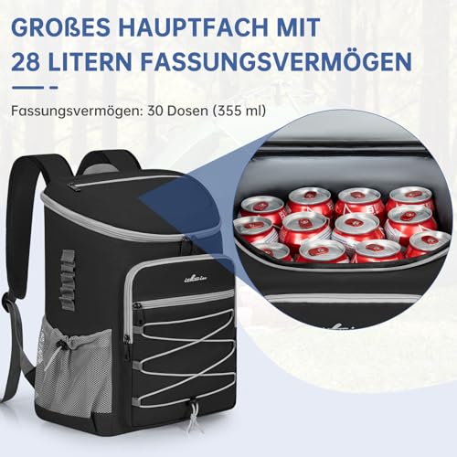 OUUTMEE Kühltasche 25L Thermo Rucksack Auslaufsicher, Kühlrucksack für 30 Getränkedosen (330 ml),für Wandern und Picknick, Praktisch & Leicht,Schwarz