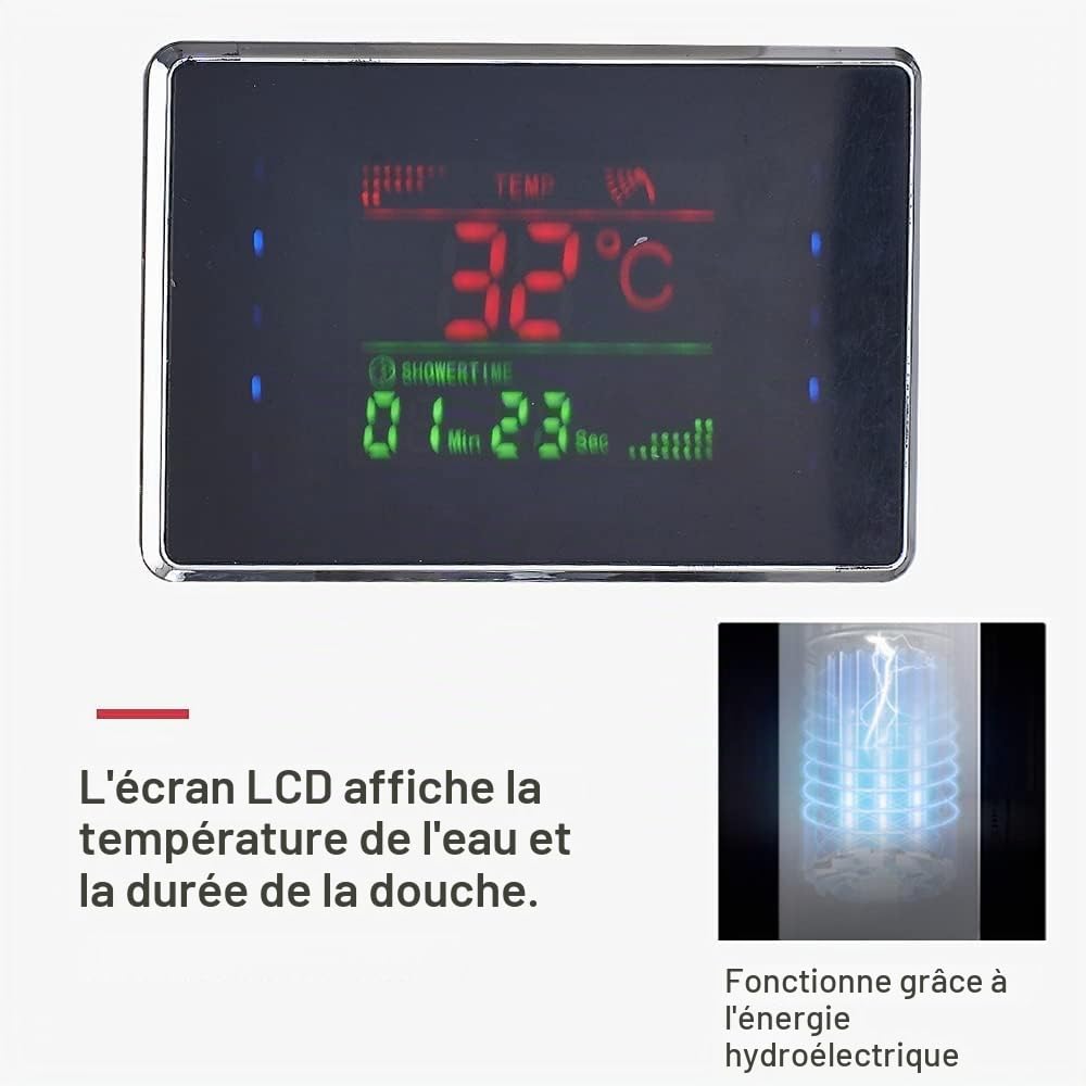 LED Colonne de douche hydromassage en acier inoxydable 304 avec mitigeur de massage, pomme de douche fixe, douche et bouche baignoire 5 fonctions pour salle de bain noire