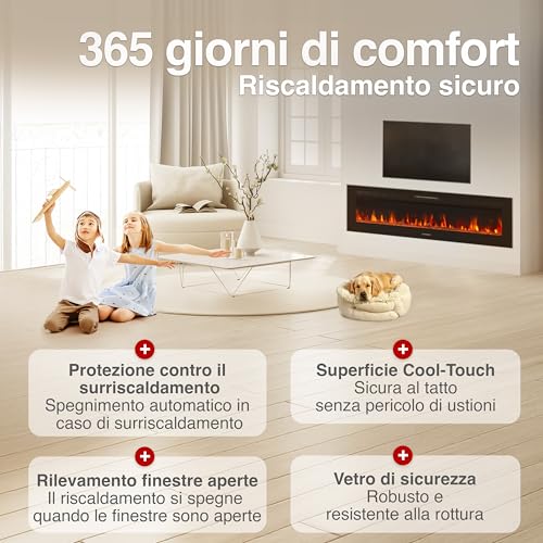 Kaminio Camino Elettrico Marlon - Caminetto Elettrico 3-In-1 Con Riscaldamento, Effetto Fiamma 3D, 12 Colori Di Fiamma, Telecomando (70 Pollici) - 5