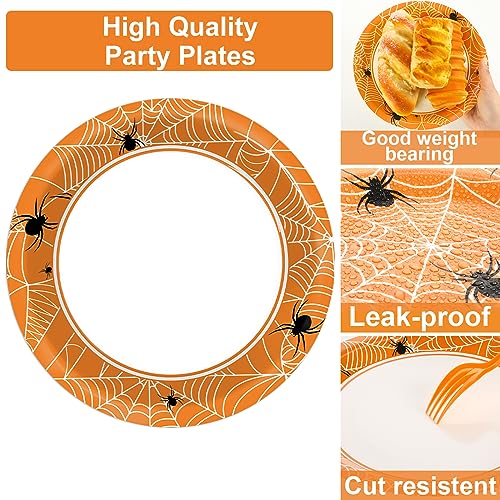 Image of 100 Pcs Spiderweb Party Plates and Napkins - Black and White Halloween Tableware Set for 25 Guests