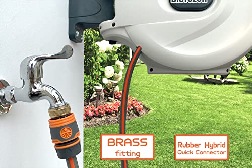 Blütezeit Retractable Garden Hose Reel, 1/2'' X 65Ft+6Ft Wall Mount Water Hose Reel, 8 Function Hose Nozzle, Any Length Lock, 180° Swivel Bracket, Automatic Slow Rewind System #TOP5