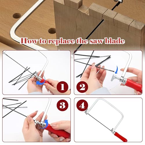 Laubsäge Set inkl. 7 Sägeblätter, Laubsägebogen für Metall und Holz, 360 Grad drehbar Mit Holzgriff Laubsäge mit Sortierte Sägeblätter Präzise Schnitte Feinsäge Holzarbeiten (14/18/24 Zähne)