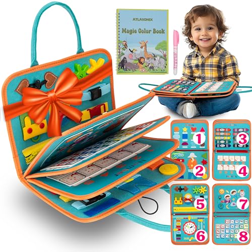 Image of Atlasonix Montessori Busy Board for Toddlers - Educational Learning Toy with Zippers, Buckles, Velcro & Shapes - Travel Activity for Car Rides & Flights for Kids Toddler Busy Book