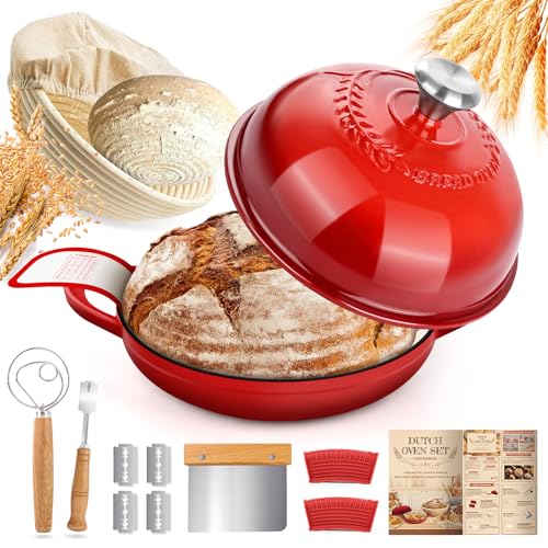 NZQXJXZ Olla de Hierro Fundido, 26cm Cacerola Holandesa de Esmaltado con Tapa, Olla Holandesa para Cocina Casera Hornear con Banetones para Pan