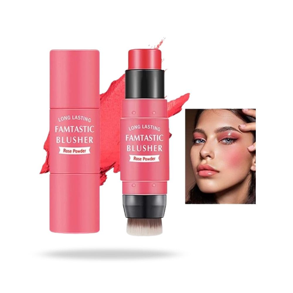 Colorete en Barra Maquillaje Larga Duracion con Aplicador Brocha, Rubor Stick en Crema Nude para Cara, Mejillas, Labios y Ojos, Resistente al Agua, Suave Cremoso Hidratante (Rosa Fuerte, 8 gramos)