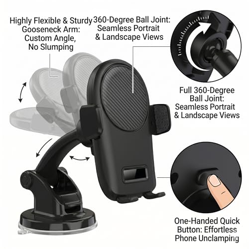 Image of Car Mobile Holder | Dashboard and Windshield Mount | Flexible Gooseneck Arm with 360 Rotation | Motorized Clamping Status Screen | Pack of 1