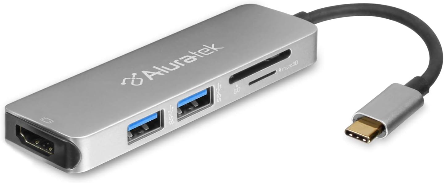 AluratekUSB Type-C Hub & Micro/SD Card Reader AUMC0302F – 4-in-1 Multiport Adapter with 4K HDMI, 3 USB 3.0 Ports, Powered USB, Dongle - High-Speed Data Transfer & Charging for MacBook/Dell/HP/Surface