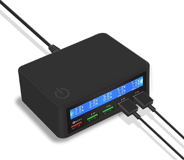 Phone Charger Charging Station 50W 5-ports Power Adapter Charging Dock with Quick Charge 3.0 Fast Charge Port,Multi USB Socket for Tablets,Mobile Phone,and more.(KitBox,Black)