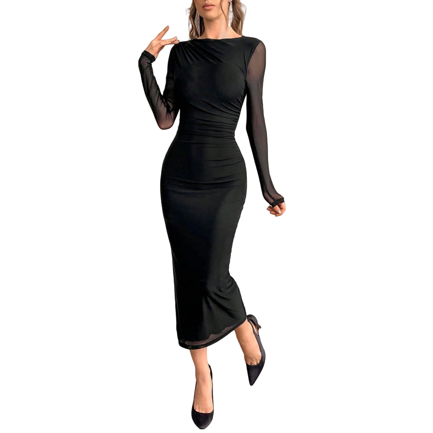 LIGHT DOT Womens Long Sleeve Bodycon Midi Dress Classy Elegant Mesh Ruched Cocktail Dress Guest Evening Formal