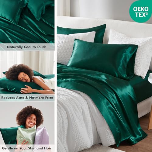 Image of Madison Park Essentials Satin Sheets Queen Size Bed Set, 6 Piece, Emerald | Luxury and Smooth Silky Bedding with Natural Sheen, All Around Elastic 14 inch Pocket fits up to 16 inch Mattress, Year-Round Cozy