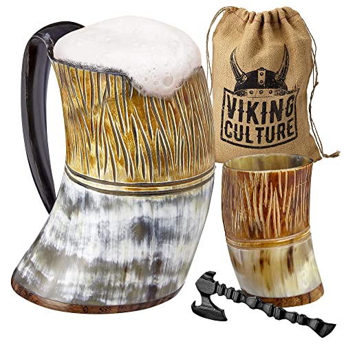 Viking Culture Ox Horn Mug, Shot Glass, and Axe Bottle Opener (3 Pc. Set) Authentic 16-oz. Ale, Mead, and Beer Tankard | Vintage Stein with Handle | Custom Intricate Design - Natural Finish | The Jarl - Thumbnail 7