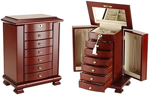 Wood Jewelry Box - Elegant Classic Design Cherry Furniture Wooden Jewelry Chest / Case Organizer with Elegant Rectangular Mirror, Necklace Hooks, Lock & key, Ring Holders, 6 Drawers And a Lot of Storage Compartments. Made Of High Quality. Fits Nicely On Dresser
