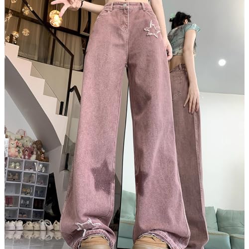 Y2K Casual High Waisted Straight Leg Jeans Womens Fashion Vintage Star Printed Fringe Baggy Denim Pants2