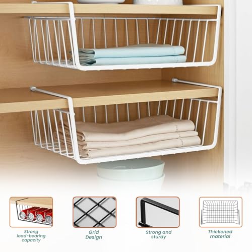 Image of Go Hooked 12 Inch Undershelf Storage Basket Pack of 3 | Multipurpose Under Shelf Organizer | Hanging Wire Basket for Cabinet, Shelf, Pantry, Cupboard, Closet, Desk, and Bathroom (White)