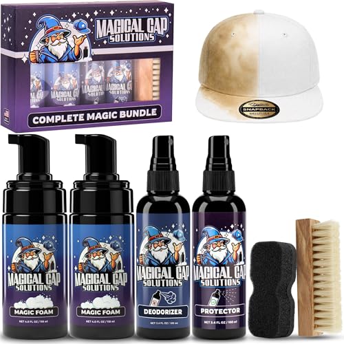 MAGICAL CAP SOLUTIONS Hat Cleaning Kit – 4-Step Headwear Cleaner with Foam, Brush, Deodorizer & Protector – Safe for Baseball Caps, Snapbacks & All Types of Fabrics