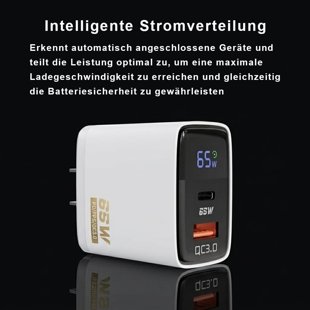 ładowarka USB C 65 W, 2-portowe ładowarki GaN z wyświetlaczem LED, PPS i PD do iPhone 17/16/15, MacBook, iPad, Samsung, telefonów komórkowych i laptopów