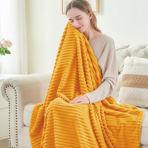 Image of BEDELITE Fleece Blanket King Size - 3D Ribbed Jacquard Soft and Warm Decorative Fuzzy Blankets - Cozy, Fluffy, Plush Lightweight Throw Blankets for Couch, Bed, Sofa(Mustard Yellow, 108x90 inches)