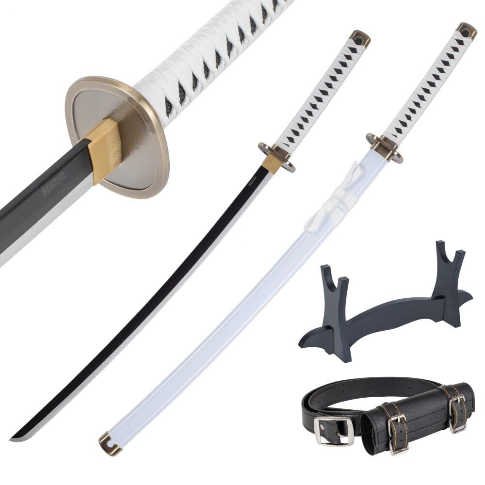 57 SPECIAL REPLICAS Zoro Katana Schwert Holz 77 cm mit Gürtel, Ständer & Scheide - Cosplay Anime Schwerter für Kostüme und LARP - Wakizashi Kurzschwert - Holzschwert aus Bambusholz (Nicht Scharf)