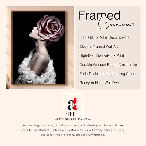 Image of Floral Woman Portrait Framed Canvas Painting For Living Room | Modern Rose Abstract Wall Art For Livingroom Wall Decor, Home Decor, Bedroom, Hallway's, Office, Hotel - 43x58 cm