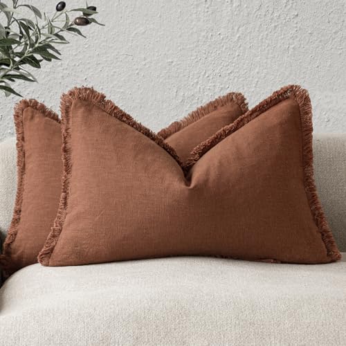 Image of Foindtower Set of 2 Decorative Linen Fringe Lumbar Throw Pillow Covers Farmhouse Cushion Cover with Tassels Accent Pillowcase for Couch Sofa Bed Living Room Home Decor,12x20 Inch,Autumn Rust Orange