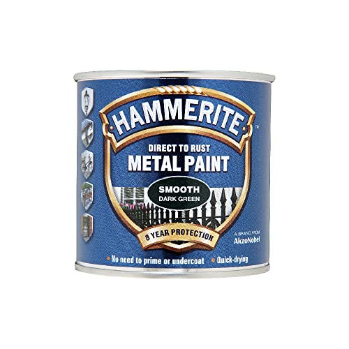 Hammerite Paint Direct to Rust Exterior Gloss Dark Green Metal Paint Smooth Finish and Corrosion Resistant. Paint and Rust Remover 8 Year Protection - 250ml Tin 1.25 SqM Coverage
