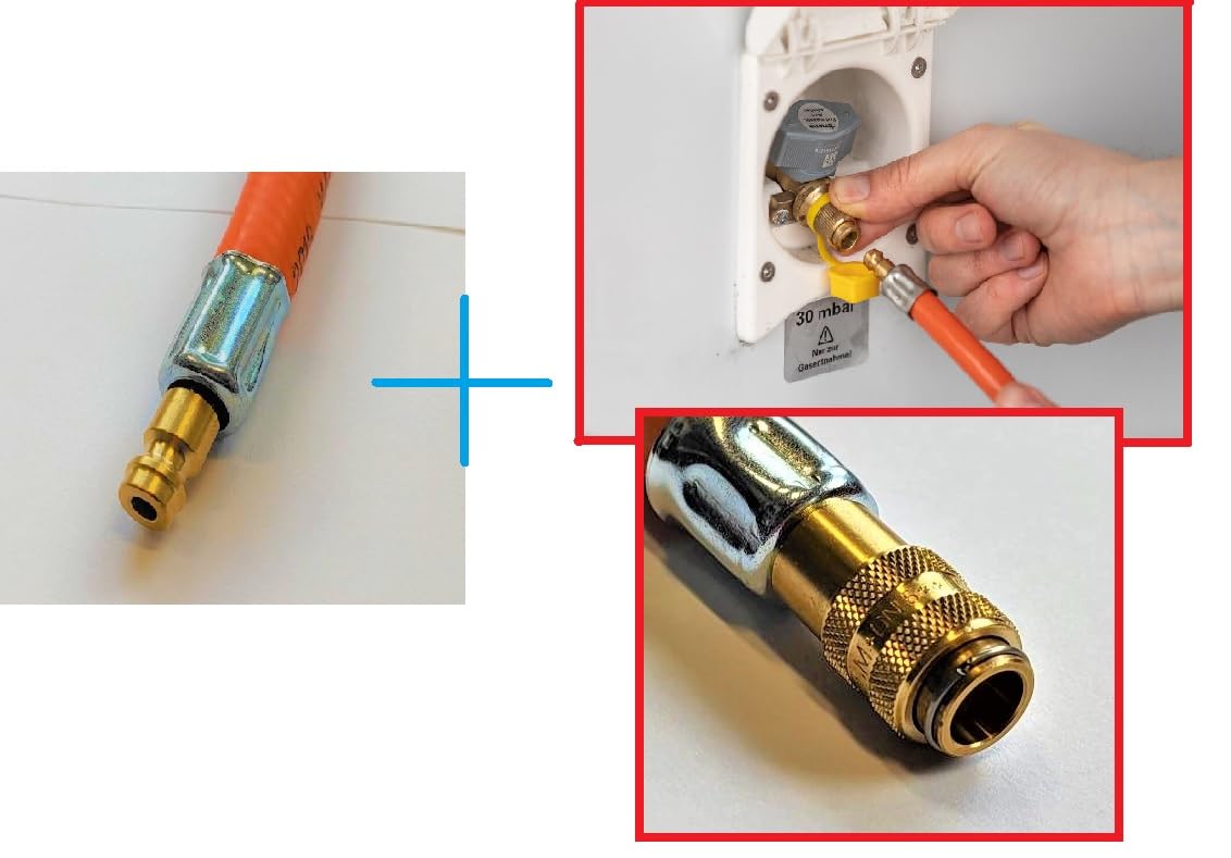Manguera de Gas Propano-Butano 1000 cm 10m | Kit de Conexión Rápida Entre Barbacoa y Autocaravana - DN5 - Enchufe + Conexión de Cable con Abrazadera de Grifo de 9 mm