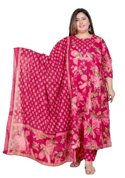 swasti Plus Size Floral Print Pure Cotton Pink Anarkali Flared Kurta, Dupatta & Pant Set-picture-20