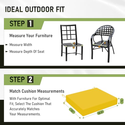 Image of Basic Beyond Outdoor Chair Cushions Set of 4, Square Corner Outdoor Cushions for Patio Furniture, Water Resistant Patio Chair Cushions with 2 Ties, 18.5x16x3, Yellow
