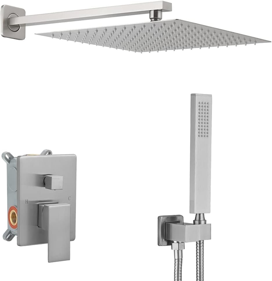 JingGang Brushed Nickel Shower System 12 Inch Bathroom Luxury Rain Mixer Shower Combo Set Wall Mounted Rainfall Shower Head and Handheld System Shower Faucet Set Rough-in Valve Body and Trim Included JingGang Brushed Nickel Shower System 12 Inch Bathroom Luxury Rain Mixer Shower Combo Set Wall Mounted Rainfall Shower Head and Handheld System Shower Faucet Set Rough-in Valve Body and Trim Included