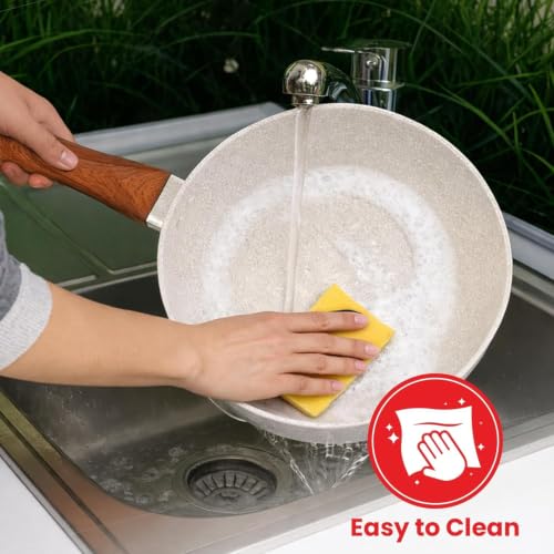 Image of Rioware Non-Stick Maifan Frying Pan (3L) | 5-Layer Non-Stick Coating | Induction, Ceramic, Electric & Gas Compatible | Dishwasher Safe |Multipurpose Pan for Eggs, Stir-Fry (24CM, Maifan Frypan White)