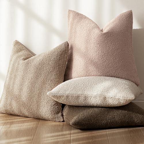 Image of Foindtower Set of 2, Decorative Textured Boucle Throw Pillow Covers Accent Solid Pillow Cases Neutral Soft Cozy Couch Cushion Case for Chair Sofa Bedroom Living Room Home Decor 20 x 20 Inch Light Pink