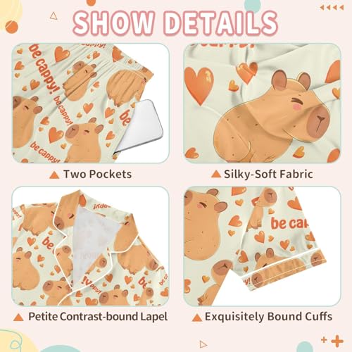 senya Happy Cute Capybara Heart Satin Summer Pajama Sets Silk Short Sleeve Button Down Sleepwear3