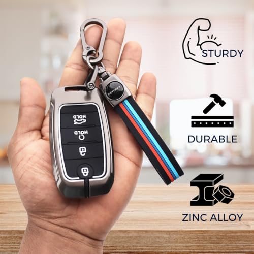 Image of KEYCEPT Metal Key Cover Compatible for Kia Seltos | Sonet | Carens 4 Button Smart Key with Keychain (Long Keychain).