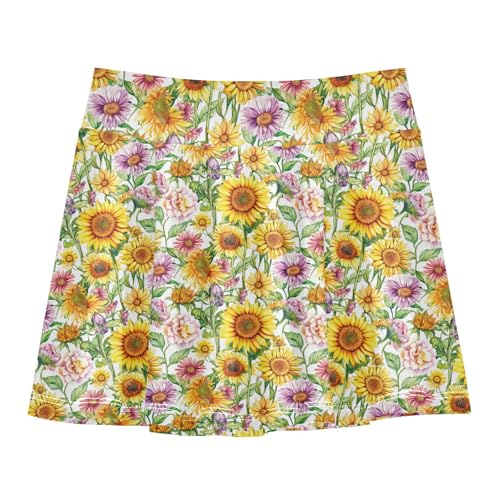 Watercolour Sunflowers Girl Athletic Skort with Built-in Shorts Pleated Skirt Kids with Pockets Flowy Scort Skirt Little Girl
