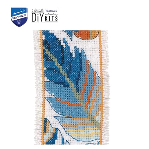Image of Vervaco Cross Stitch Bookmark Kit Blue Feathers (Set of 2) 2.4 inch x 8 inch