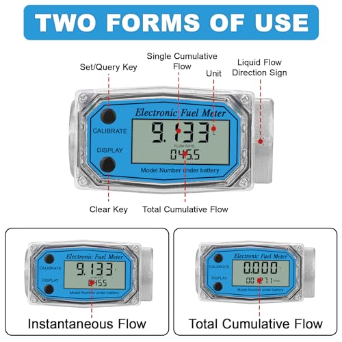 UwinVwin 3/4\" Digital Water Meter and Fuel Meter Diesel Meter - NPT Thread Flowmeter (0.8-13.2 GPM) for Diesel, Gasoline, Kerosene, Oil, Water - Supports Gallon, Liter, m³