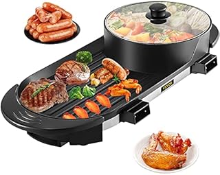 VEVOR 2 in 1 BBQ Grill and Hot Pot with Divider, Aluminum Alloy Electric BBQ Stove Hot Pot, Separate Dual Thermostat Teppanyaki Grill Pot with 5 Speed, for Family Dinner Friends Party Black