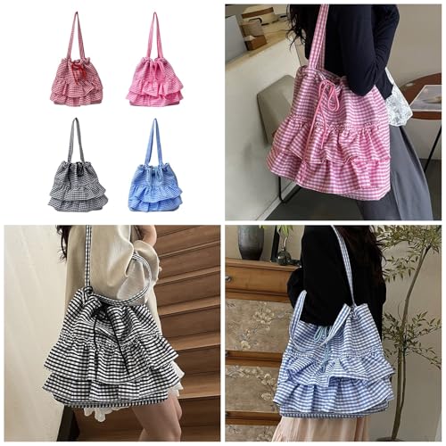 Women's Plaids Print Canvas Bag With Ruffle Trim Casual Shoulder Bag Spacious Interior Underarm Bags For Everyday Use2