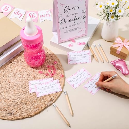Image of Roowest 512 Pcs Baby Shower Games Guess How Many Pacifiers Sign 100 Small Guessing Games 10 HB Pencils 750ml Milk Bottle 400 Acrylic Pacifiers Decoration for Guest Gender Reveal(Pink,Bow)