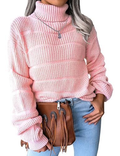 NLAND Jersey Mujer Invierno Cuello Alto Manga Larga Pullover Casual Ajustado Grueso Jersey de Punto Cálido Turtleneck Sweater para Otoño Invierno Suéter Elástico Tops Pull-Over(Rosa-1,L)
