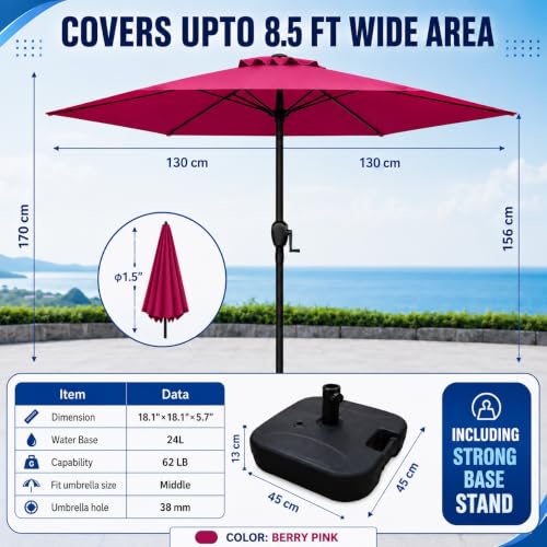 Image of Hukimoyo 8.5Ft Diameter Large Outdoor Patio Cantilever Offset Umbrella with Base Stand, Waterproof Heavy Duty Garden Parasol Sun Shade Canopy, Side Pole Umbrella for Backyard, Poolside, Deck, Lawn, Terrace, Cafe.