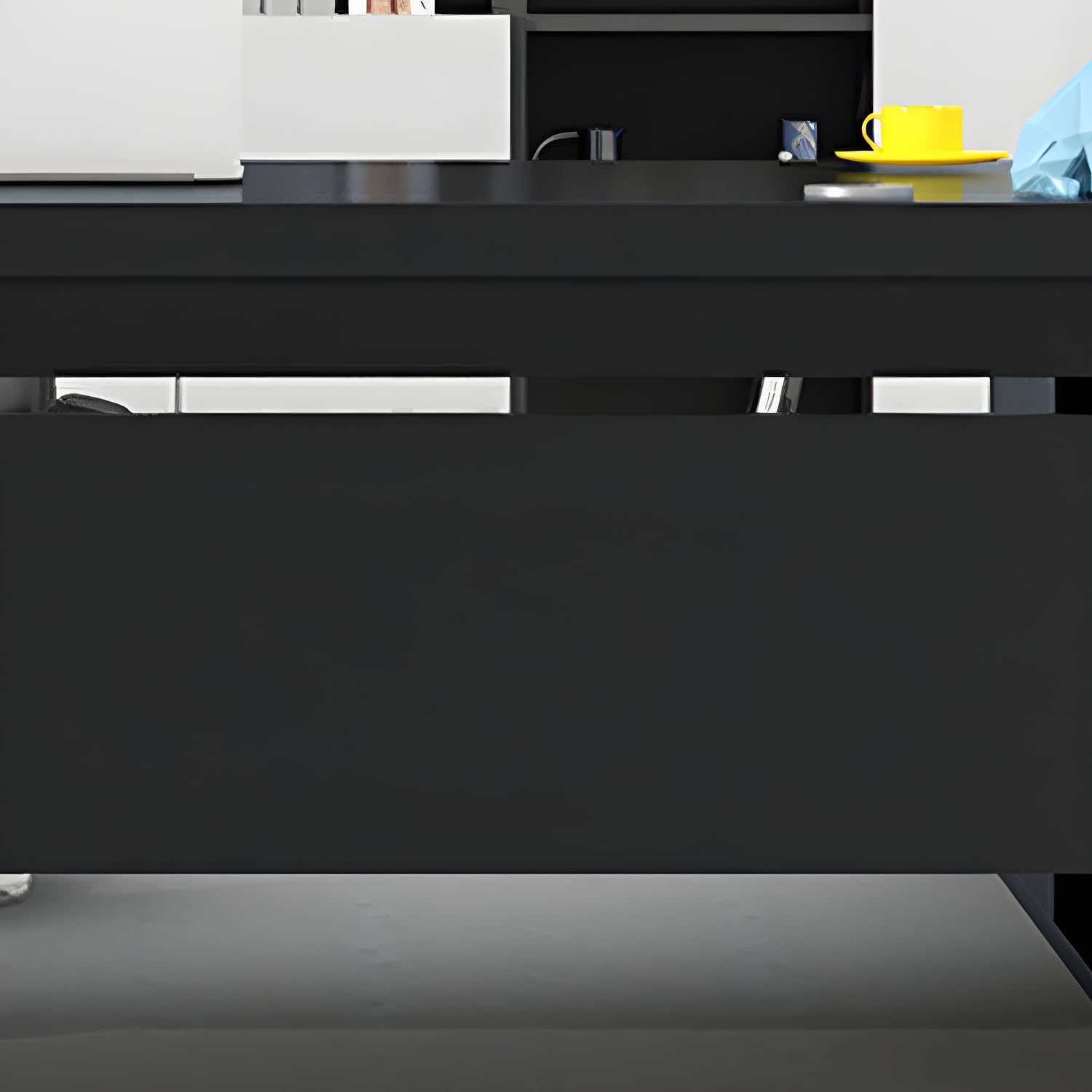 Moderner L-förmiger Büroschreibtisch mit Holzsockel, Chefschreibtisch, Cheftisch, Computer-Wohnmöbel, Schubladen und Ablagefächer – ohne Stühle, 78,7" L x 31,5" B x 29,5" H, Schwarz