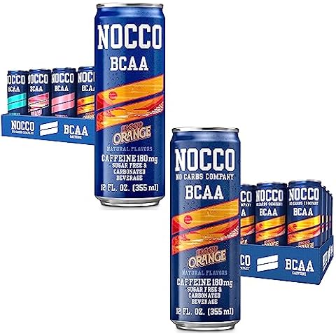 NOCCO BCAA Energy Drink 24 Pack Summer Variety & Blood Orange - 12 Count (Pack of 24) - 180mg of Caffeine Sugar Free Energy Drinks - Carbonated, BCAAs, Vitamin B6, B12, & Biotin - Performance Drink Cover